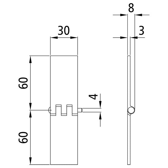 Oven sarana, suora, 30 x 60 x 3 mm, käsittelemätön