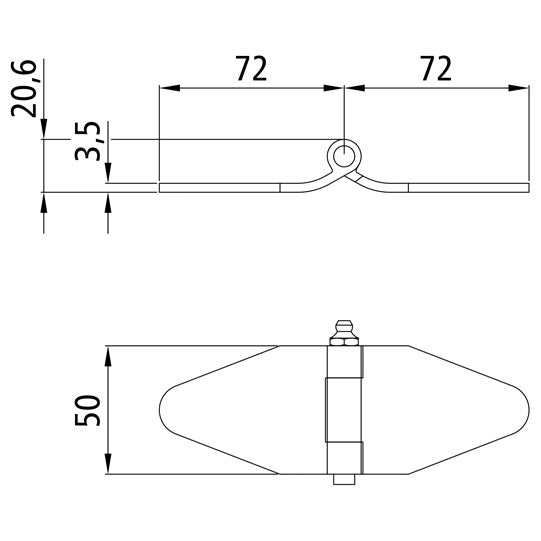 Galvanised side door hinge, L = 144 mm, W = 50 mm, H= 14 mm