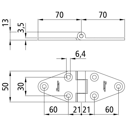 Side door hinge, galvanised, L=140 mm, W=50 mm, H=6.5 mm