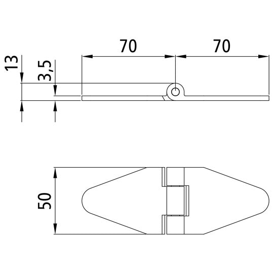 Galvanised side door hinge, L = 140 mm, W = 50 mm, H= 6.5 mm