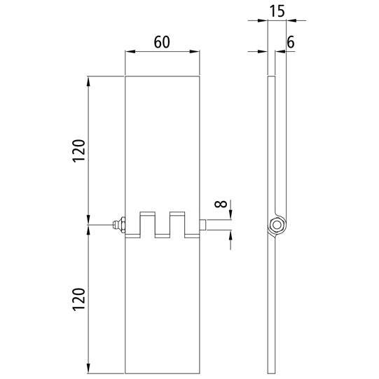 Door hinge, straight, 60 x 120 x 6 mm, untreated, w/ grease nip