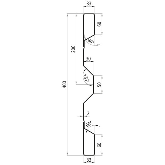 HVkT 400 stål lämprofil, 2 mm tjock, 6000 mm lång