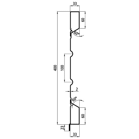 Steel dropside profile PDLI 400/33/33 NS, 2 mm thick