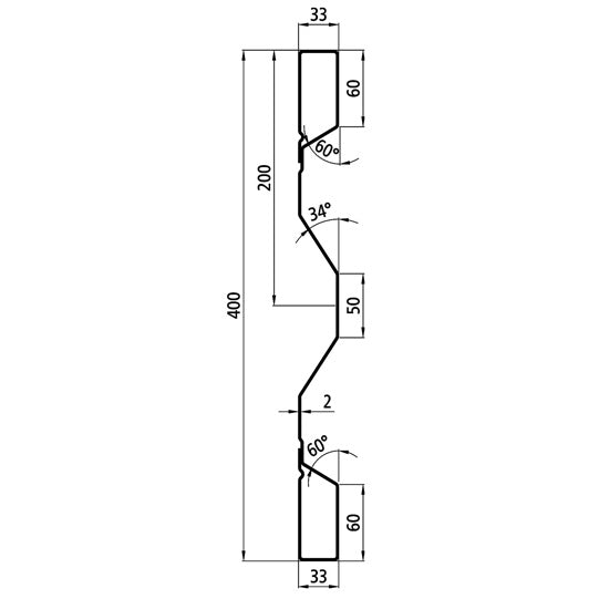 Steel dropside profile P 400/33/33 FS, 2 mm thick, 2000 mm long