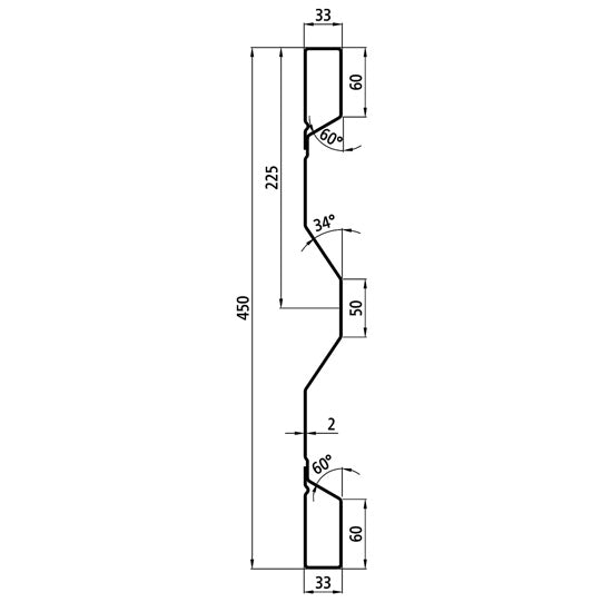 Steel dropside profile P 450/33/33 FS, 2 mm thick, 2100 mm long