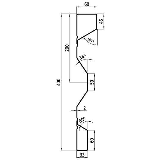 Steel dropside profile P 400/60/33 FS, 2 mm thick, 2000 mm long