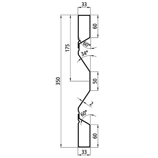 Steel dropside profile P 350/33/33 FS, 2 mm thick, 6500 mm long