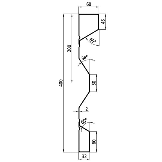 Steel dropside profile P 400/60/33 FS, 2 mm thick, 2500 mm long
