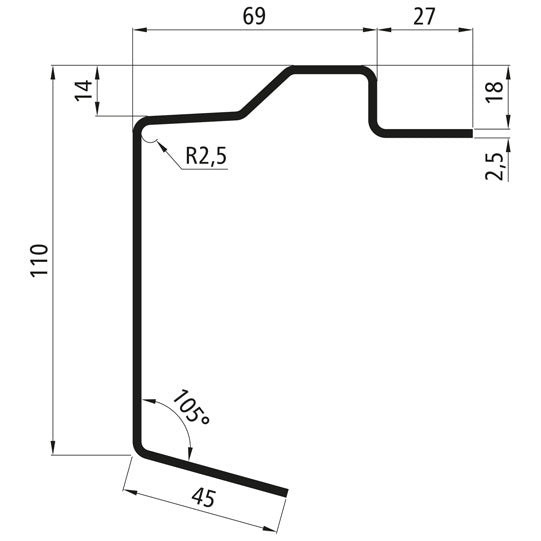 Plattformsgolvsramprofil, S355MC, grundad, 7300 mm, 110 x 18 x 2,5 mm