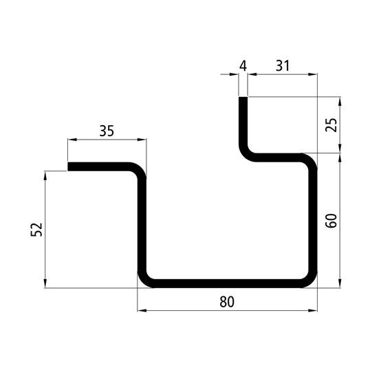 Kulmapilariprofiili 80/60x52/31x4 mm 5000 mm yhteensä + karhennin.