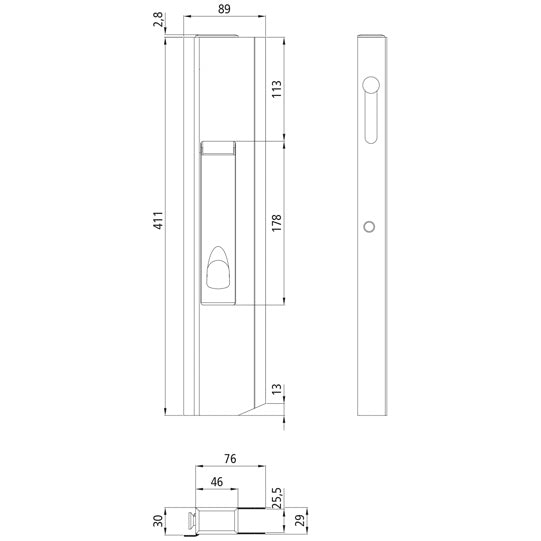 Långt slaglås SC411SL, vänster, med stopp, 411 mm