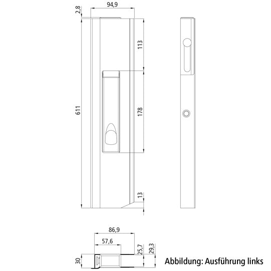Long travel lock DC611SR, right, with stop, 611 mm