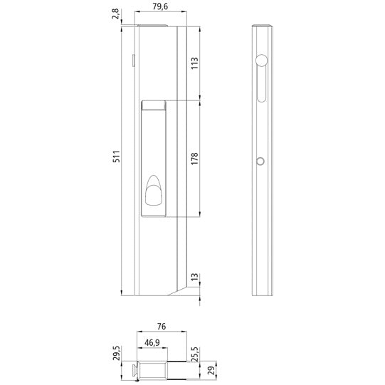 Pitkän matkan lukko SC511SSL. vasen. lyhyellä pysäyttimellä. 511 mm