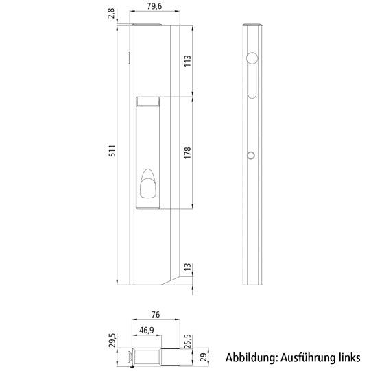 Long travel lock SC511SSR, right, with short stop, 511 mm