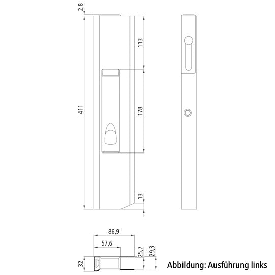 DC411R long travel lock, right, without stop, 411 mm
