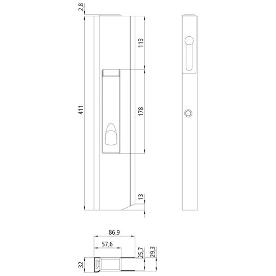 DC411L long travel lock, left, without stop, 411 mm