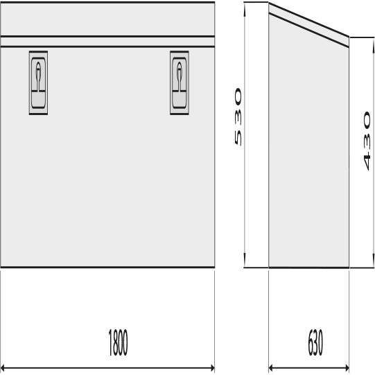 Wzk-alumiini. 2/3 mm. 1800 × 530 × 630. 2 T-kahvaa