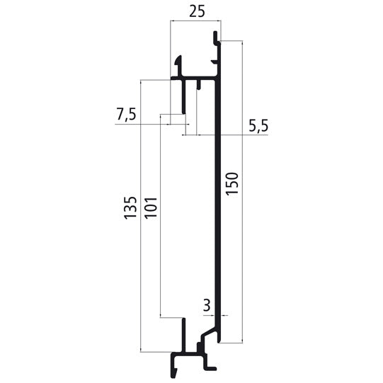 Aluminium 25 mm SL, 150 mm mittsektion för förankringsskena, ep