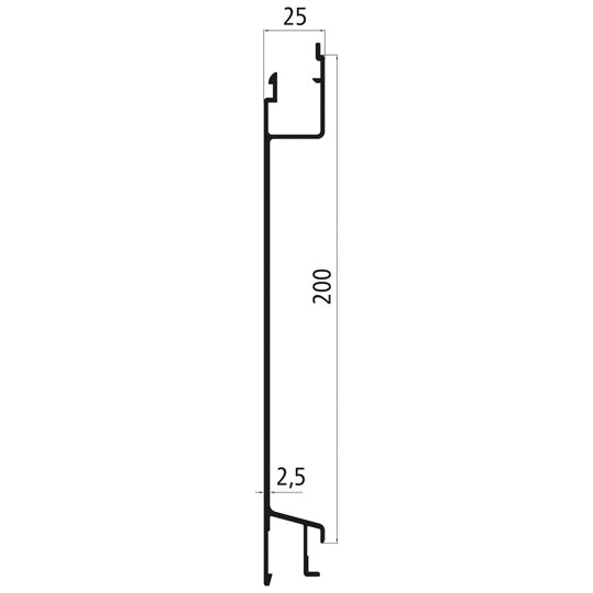 Aluminium 25 mm SL, 200 mm centre section w. tarpaulin recess,