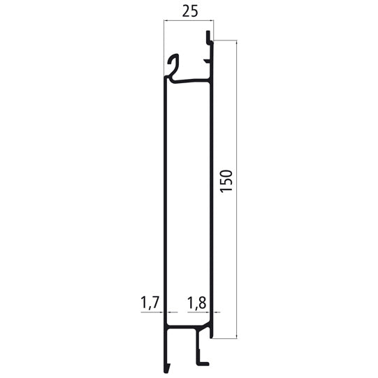 Aluminium 25 mm SL, 150 mm centre section, mill finish