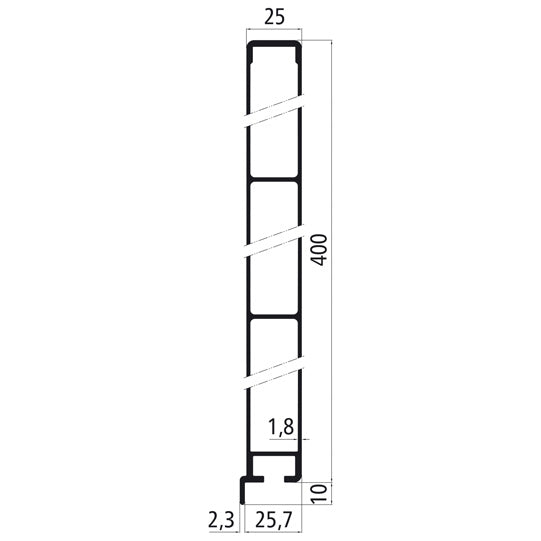 Alumiininen 25 mm yksiosainen, 400 mm sivulauta sisäpuolisella lipulla,