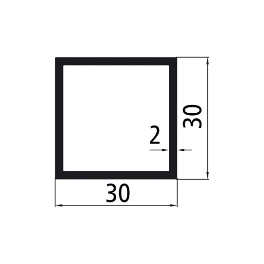 Aluminium fyrkantsrör 30 x 30 x 2 mm, fräst yta