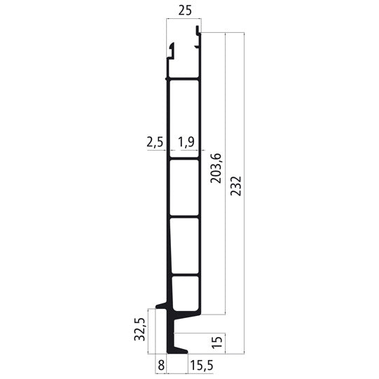 Aluminium 25 mm SL 232 lower part front wall, mill finish