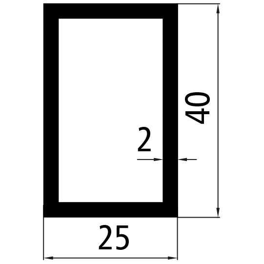 Alumiininen suorakaiteen muotoinen putki 40x25x2 mm. jyrsitty viimeistely