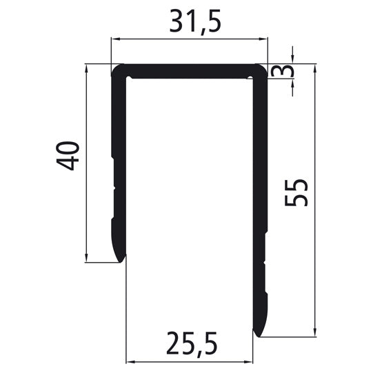 Aluminium 25 mm U-kant ojämn, anodiserad
