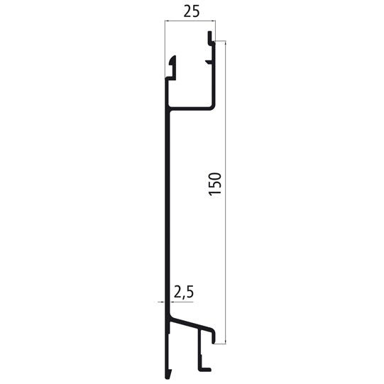 Aluminium 25 mm SL, 150 mm centre section w. tarpaulin recess,