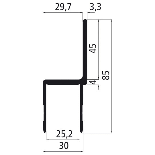 25 mm alumiininen reunus taivutetulla lipulla, anodisoitu