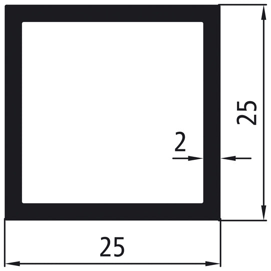 Aluminium square tube 25 x 25 x 2 mm, anodised