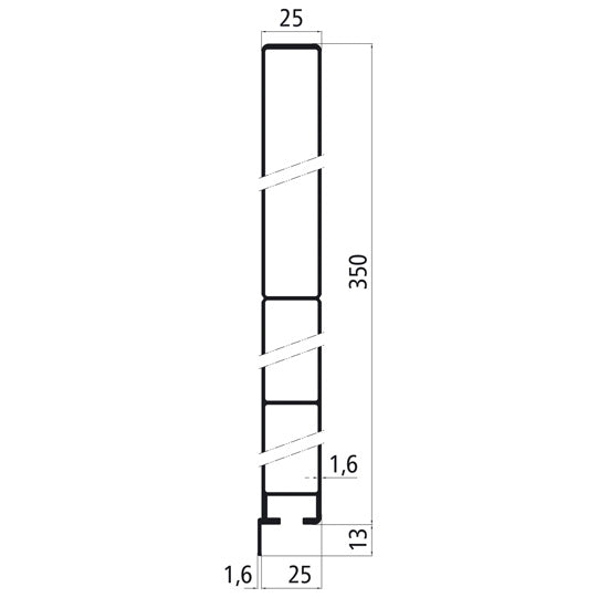 Aluminium 25 mm one-piece, 350 mm side board w. flag, anodised