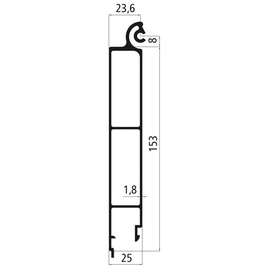Alumiini 25 mm SL. 153 mm yläosa saranaliitoksella. anodisoitu