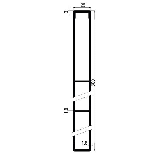 Aluminium 25 mm i ett stycke, 300 mm sidobräda utan flagga, anodiserat