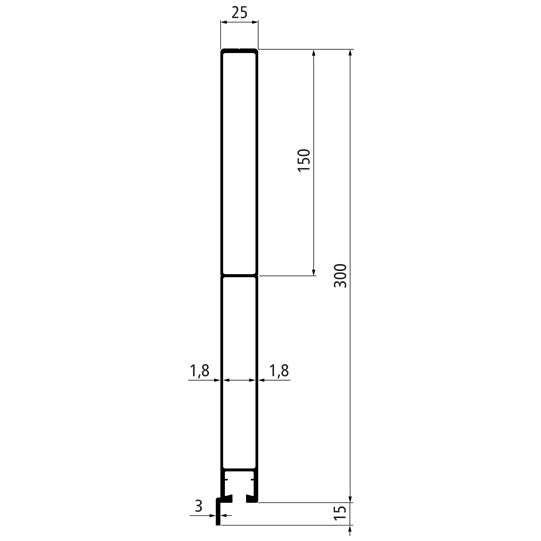 Aluminium 25 mm i ett stycke, 300 mm sidobräda med flagga, anodiserad
