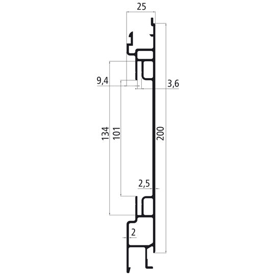 Aluminium 25 mm SL, 200 mm mittsektion för förankringsskena, en