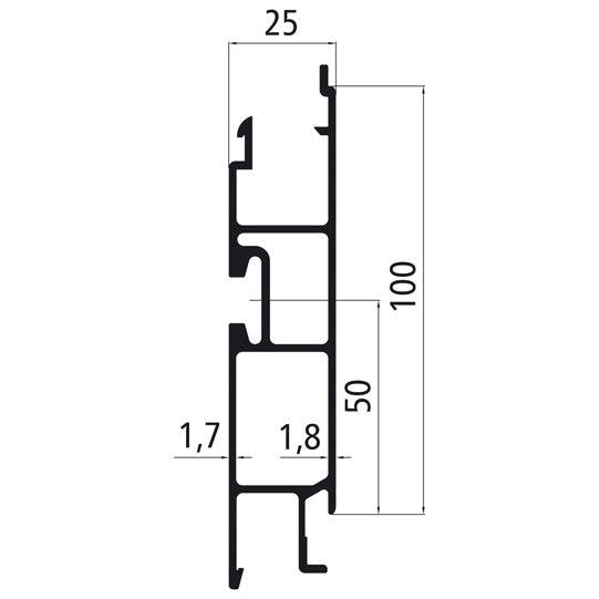 Aluminium 25 mm SL, 100 mm mittsektion med luftledningssystem, en