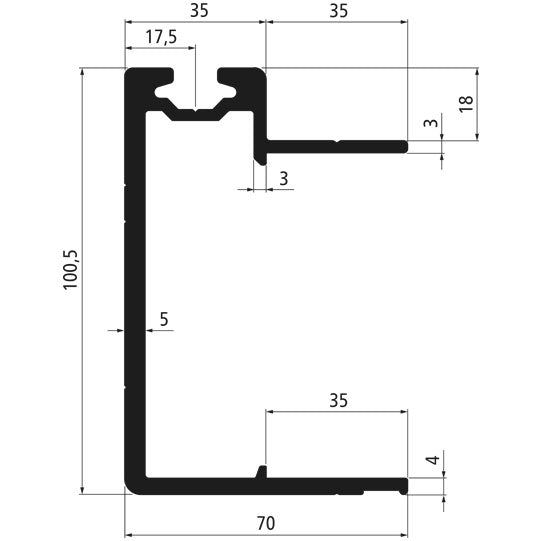 Aluminium floor frame 105.5 mm, w. airline system, anodised