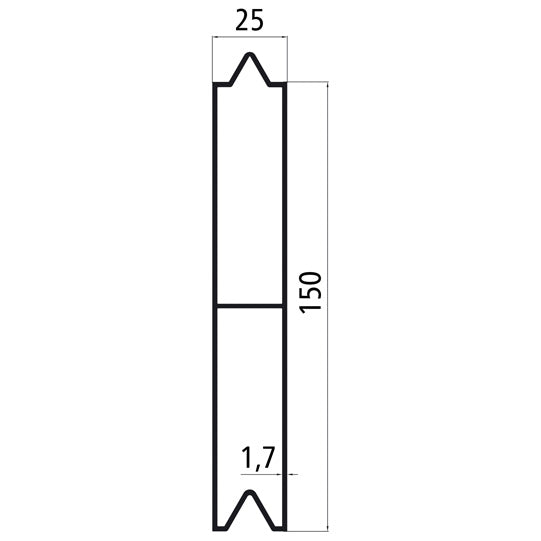 Aluminium 25 mm push-on batten, 150 mm, w/ centre bar, mill fin