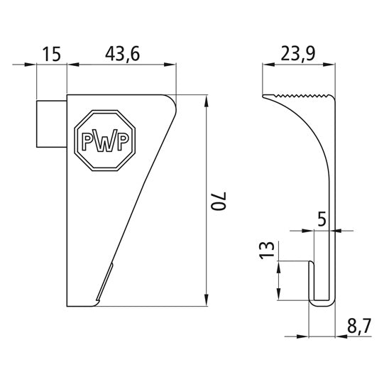 Päätykappale, oikea, heijastinliuskaa varten