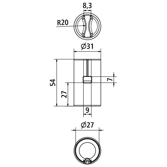 Bottom adapter f. aluminium clamping tube 27 mm, SS, w/ slot