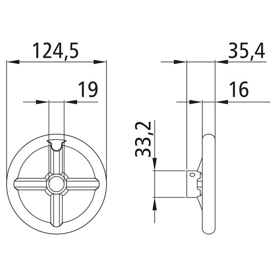 Kiinnitysvaihteen käsipyörä, ulko-Ø 124,5 mm, alumiinia
