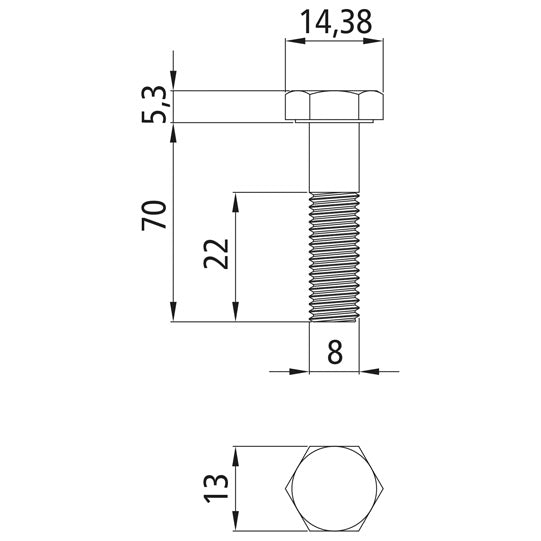 Hexagon head screws with shank, galvanized, M 8 x 70