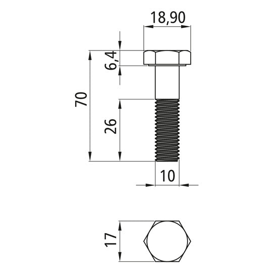 Hexagon head screws with shank, galvanized, M 10 x 70