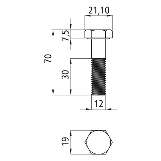 Sexkantsskruvar med skaft, förzinkade, M 12 x 70