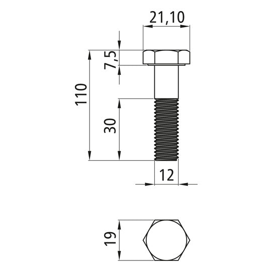 Hexagon head screws with shank, galvanized, M 12 x 110