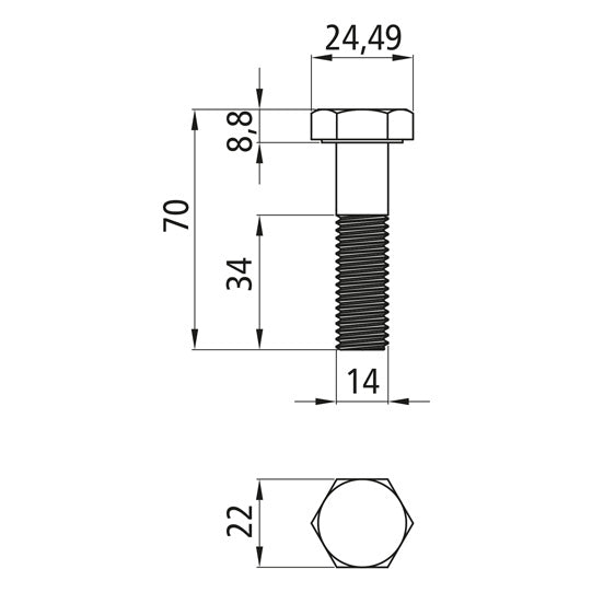 Hexagon head screws with shank, galvanized, M 14 x 70