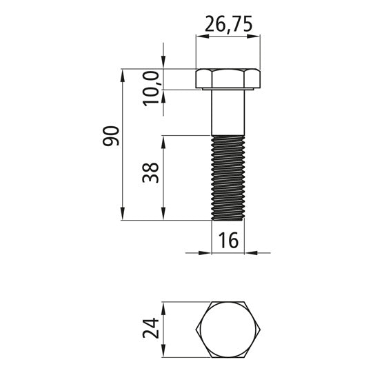 Hexagon head screws with shank, galvanized, M 16 x 90