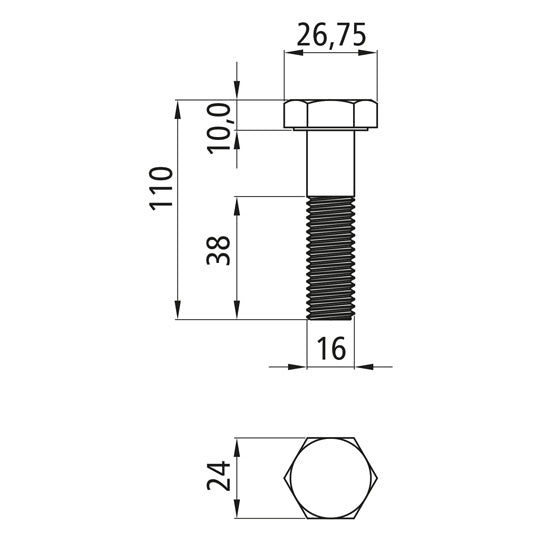 Hexagon head screws with shank, galvanized, M 16 x 110